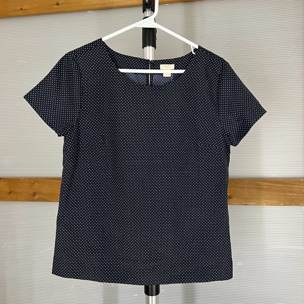 J.Crew Factory Womens Navy‎ Blue Polka Dot Short Sleeve Keyhole Back Blouse XS